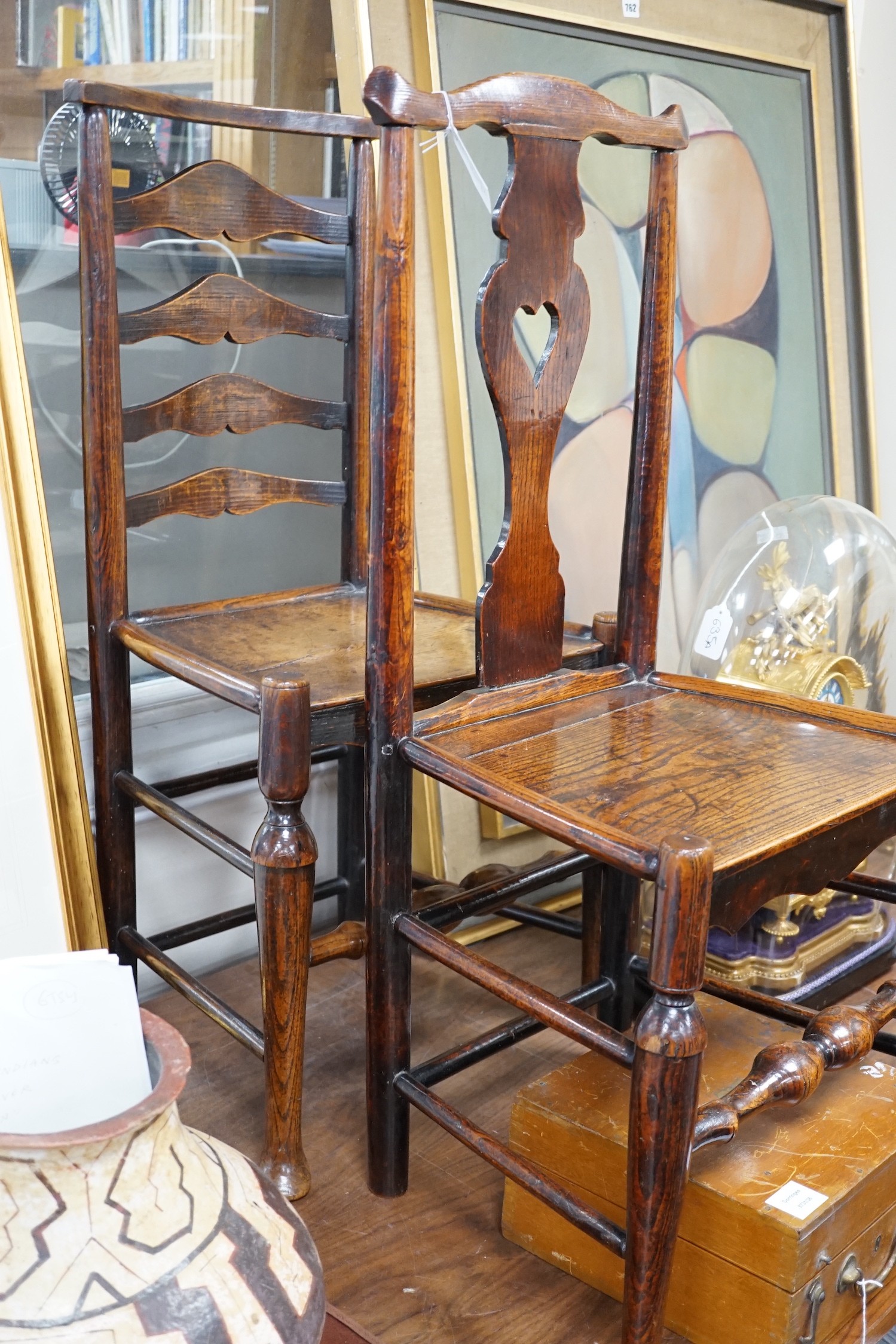 Two early 18th century oak cottage dining chairs *Please note the sale commences at 9am.